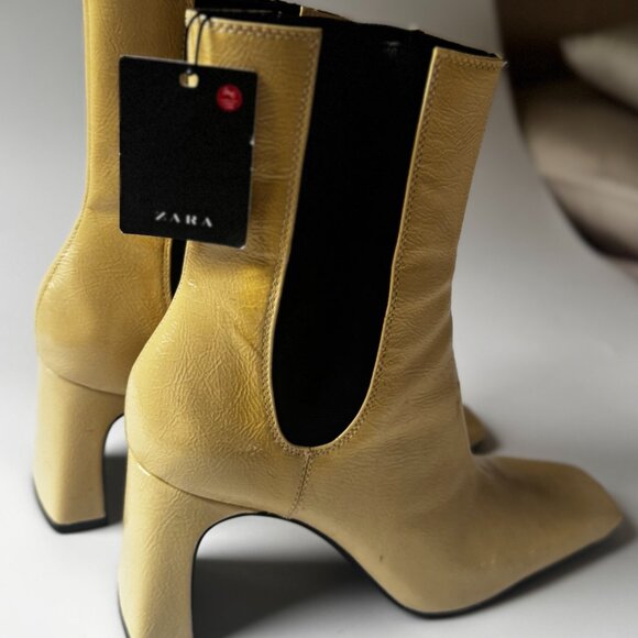 New ZARA Leather Patent Beige High Heel Ankle Boots Bootie Elastic Square toe 7 - Picture 2 of 11